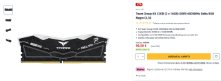 Team Group Kit 32GB (2 x 16GB) DDR5 6000MHz Delta RGB CL30 por 98,20€