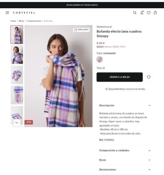 Bufanda efecto lana cuadros Snoopy por 8,99€.