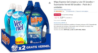 2 Botes de Wipp Express Gel Limpio y Liso 55 lavados + 2 Botes de Suavizante Vernel 60 lavados por 17.29€