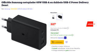 Samsung 3-USB Snellader 65W Zwart voor €32,95 bij Bol.com
