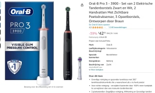 Oral-B Pro 3 - 3900 - Elektrische Tandenborstel Duo-pak Zwart & Wit voor €49,49 bij Amazon
