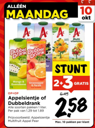 Appelsientje of dubbeldrank 2+3 gratis bij de Vomar
