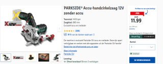 PARKSIDE® Accu-handcirkelzaag 12V zonder accu 1400 tpm voor €11,99 in de Lidl webshop