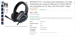 Auriculares Gaming MIPOWCAT R18 con Cable por 10,99€