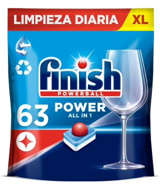 Finish Powerball Power All in 1 63 pastillas para lavavajillas por 7,46€.