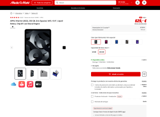 APPLE iPad Air 2022 256GB Gris Espacial WiFi 10.9" Liquid Retins M1 por 629€