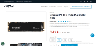 Crucial P3 1TB PCIe M.2 2280 SSD à 41,34€