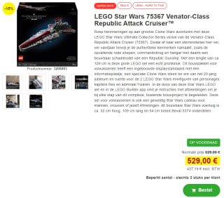 LEGO Star Wars 75367 Venator-Class Republic Attack Cruiser voor €529
