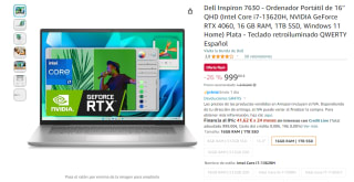 Portátil Dell Inspiron 7630 con Intel Core i7-13620H, NVIDIA GeForce RTX 4060, 16 GB RAM, 1TB SSD, Windows 11 Home por 999€