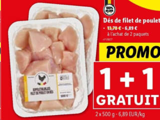 2x 500g kipfiletblokjes voor €6,49 bij Lidl