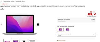 Apple MacBook Pro (2022), 13,3" Pantalla Retina, Chip M2 de Apple, 8 GB, 512 GB, macOS Monterey, Cámara FaceTime HD a 720p, Gris espacial