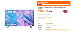 Television Samsung TU55CU7105KXXC 55" LED UltraHD 4K HDR10+ por 399€