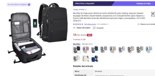 Mochila de Viaje para Cabina de Avión 45x36x20 por 18,71€