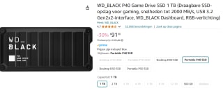 WD BLACK P40 Game Drive - Externe SSD - 1 TB voor €91,66 bij Amazon