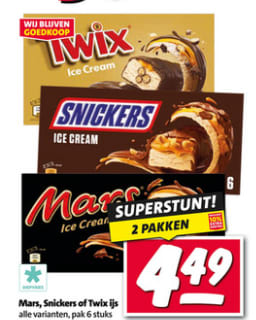 2 pakken Mars/ Snickers of Twix ijs voor 4,49 bij Nettorama.
