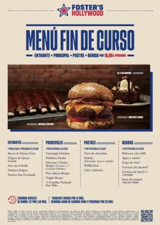 Menú Grupos Foster's Hollywood Entrante + Principal + Postre + Bebida - Mínimo 2 personas