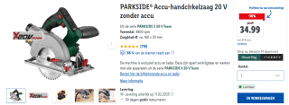 PARKSIDE Accu-handcirkelzaag 20V voor €34,99 bij Lidl