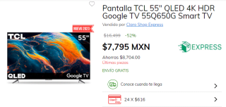 Smart TV TCL 55" QLED 4K HDR por $7,795 en Claro Shop