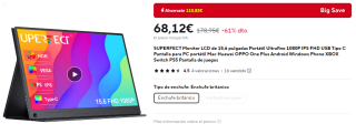 Monitor LCD 15,6 pulgadas Ultrafino 1080P IPS FHD USB Tipo C por 68,12€