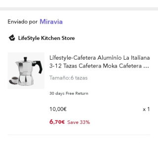 Life Style Cafetera Espresso La Italiana 6 Tazas por 6,70€.