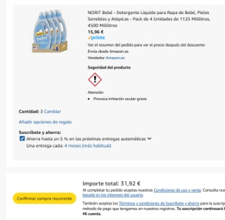 12 unidades NORIT Bebé - Detergente Líquido para Ropa de Bebé por 31,92€