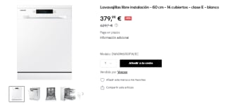Lavavajillas libre instalación Samsung DW60M6050FW, 14 servicios, 7 programas por 379,99€