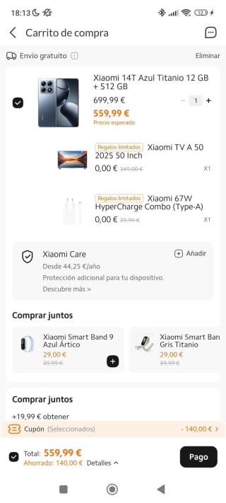 Xiaomi 14T 12GB/512GB + Xiaomi Tv 50" + Cargador 67W por 559,99€
