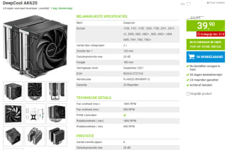 DeepCool AK620 CPU cooler voor €39,90 bij Megekko