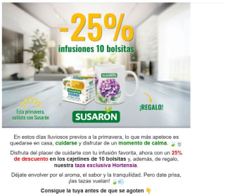 25% de descuento en los cajetines de 10 bolsitas y, además, de regalo taza exclusiva Hortensia.