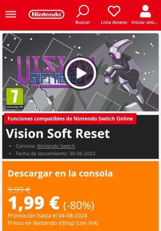 Visión Soft Reset Nintendo Switch por 1,99€.
