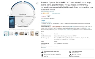 Robot aspirador con mopa marca Rowenta Explorer Serie 80 RR7747 por 211,14€