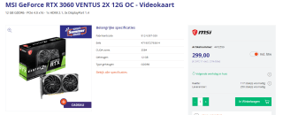MSI - RTX 3060 VENTUS 2X OC grafische kaart - 12 GB (912-V397-039) - LHR voor €299 bij Azerty