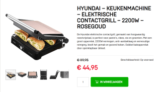 Hyundai – Keukenmachine – Elektrische contactgrill – 2200W – Rosegoud voor €44,95bij Dagknaller