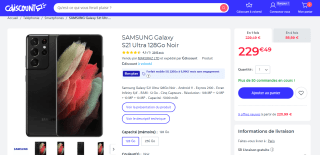 Smartphone 6,8" Samsung Galaxy S21 Ultra - RAM 12 Go, 128 Go, Noir, G998128 N à 229,49€