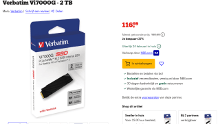 Verbatim Vi7000G PCle NVMe M.2 SSD 2TB voor €116,99 bij Bol