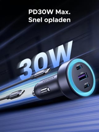 UGREEN 3-poorts sigarettenaansteker USB C PD30W auto-oplader adapter voor €14,99 bij Amazon