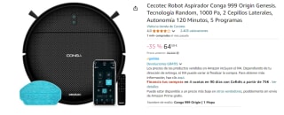 Cecotec Robot Aspirador Conga 999 Origin Genesis. Tecnología Random, 1000 Pa, 2 Cepillos Laterales, Autonomía 120 Minutos, 5 Programas por 64.5€