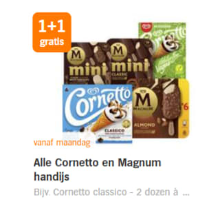 1+1 gratis op Alle Cornetto en Magnum handijs bij de AH