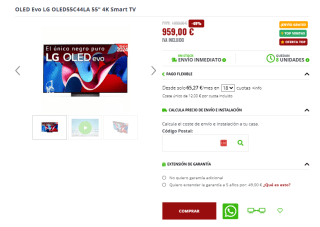 LG OLED55C44LA 55" OLED evo UltraHD 4K Dolby Vision WebOS24 AI ThinQ por 959€