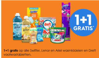 1+1 gratis op alle Swiffer, Lenor en Ariel wasmiddelen en Dreft vaatwastabletten bij Blokker