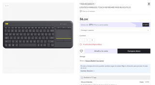 Teclado Smart TV marca Logitech K400 Plus Inalámbrico color Negro por 27,15€