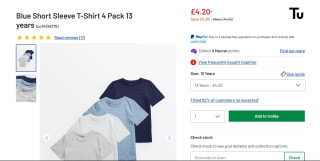 Blue Short Sleeve T-Shirt 4 Pack (Ages 13) - £4.20
