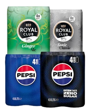 1+1 gratis op Pepsi, Royal Club of Rivella blikjes 4-pack bij de Plus