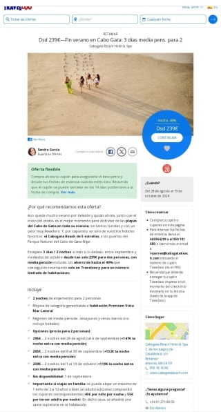 239€-295€ Cabo de Gata 3 días H 5* para 2 personas.