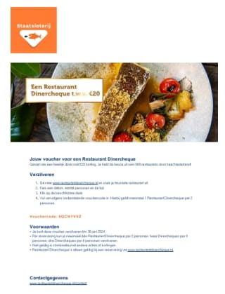 Voucher voor Restaurant Dinercheque €20, eenmalig te gebruiken, geldig tot 30 juni 2024