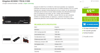 Kingston KC3000 1TB M.2 SSD voor €69,90 bij Megekko