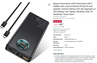 Baseus 65W Powerbank USB-C 26800 mAh voor €48,99 bij Amazon
