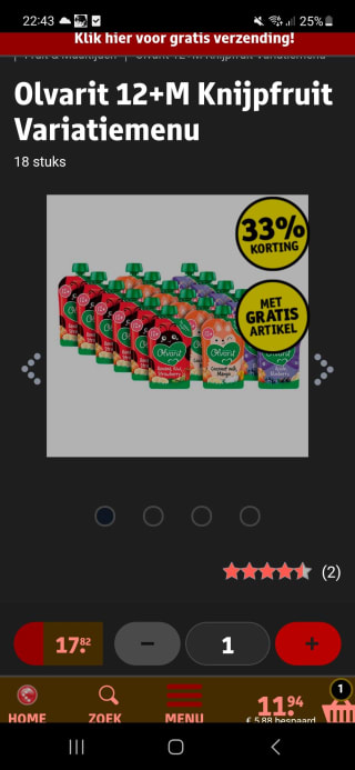 Olvarit potjes en knijpfruitjes variatiemenu met 33% korting.