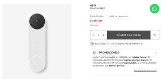 Descuento Palacio de Hierro: Timbre Google Nest IP65 por $1,852