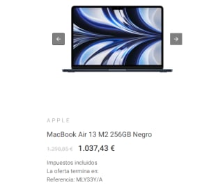 MacBook Air 13 M2 256GB Negro por 1037€